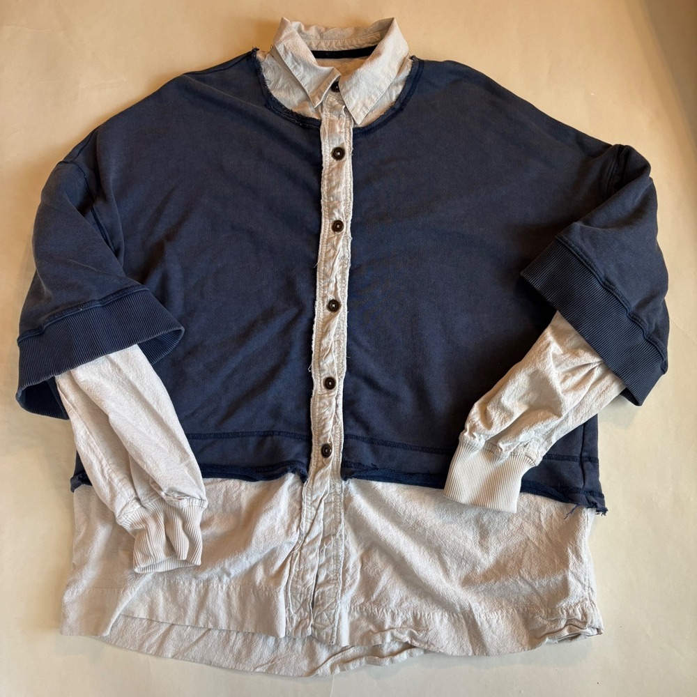 We The Free Free People Mixed Media Layered Button Down Top Navy Cream XS